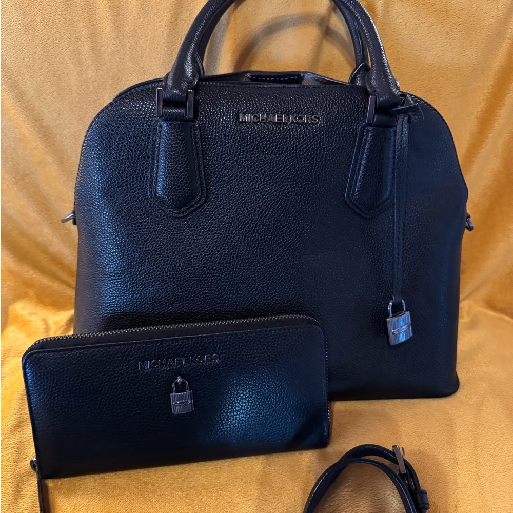 Michael Kors Black Saffiano Leather Satchel AND Wallet